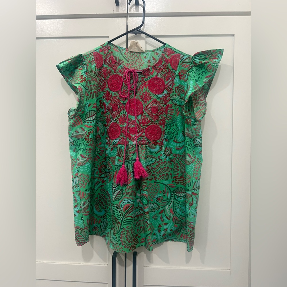 Savanna Jane Green Top Pink Embroidery and Tassels, bohemian, eclectic,